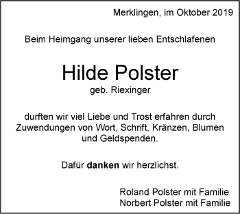 Traueranzeige von Hilde Polster von Leonberger Kreiszeitung / Strohgäu Extra