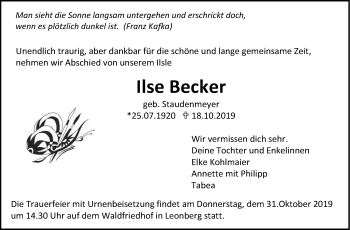 Traueranzeige von Ilse Becker von Leonberger Kreiszeitung / Strohgäu Extra