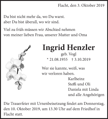 Traueranzeige von Ingrid Henzler von Leonberger Kreiszeitung / Strohgäu Extra