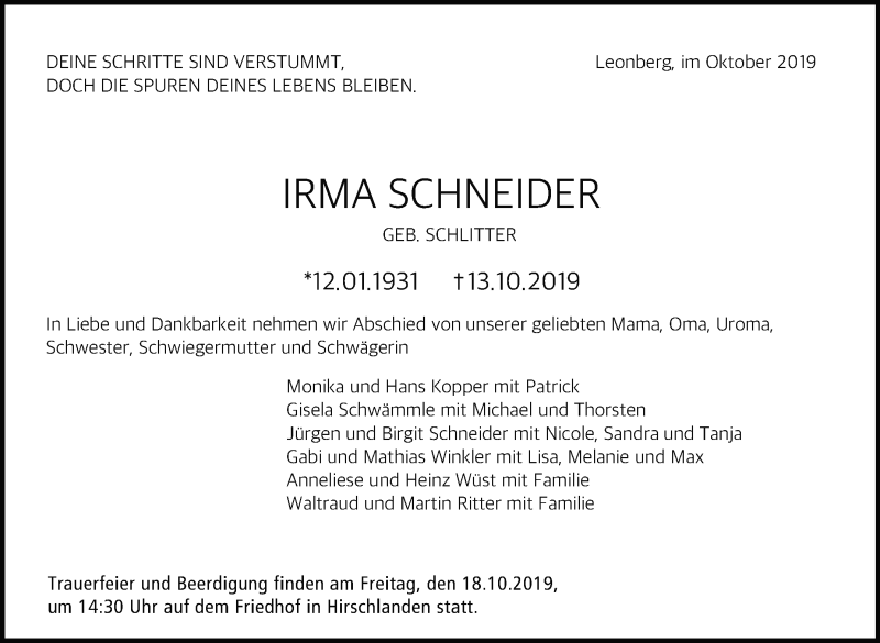  Traueranzeige für Irma Schneider vom 17.10.2019 aus Leonberger Kreiszeitung / Strohgäu Extra