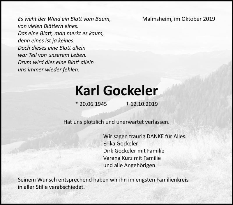  Traueranzeige für Karl Gockeler vom 18.10.2019 aus Leonberger Kreiszeitung / Strohgäu Extra
