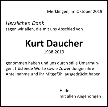Traueranzeige von Kurt Daucher von Leonberger Kreiszeitung / Strohgäu Extra