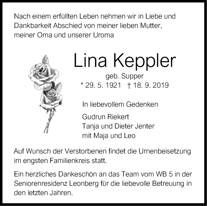  Traueranzeige für Lina Keppler vom 10.10.2019 aus Leonberger Kreiszeitung / Strohgäu Extra