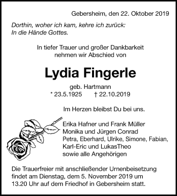 Traueranzeige von Lydia Fingerle von Leonberger Kreiszeitung / Strohgäu Extra