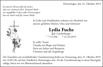 Traueranzeige von Lydia Fuchs von Leonberger Kreiszeitung / Strohgäu Extra