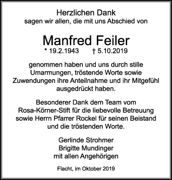 Traueranzeige von Manfred Feiler von Leonberger Kreiszeitung / Strohgäu Extra