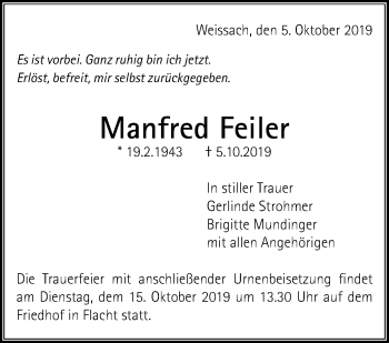 Traueranzeige von Manfred Feiler von Leonberger Kreiszeitung / Strohgäu Extra