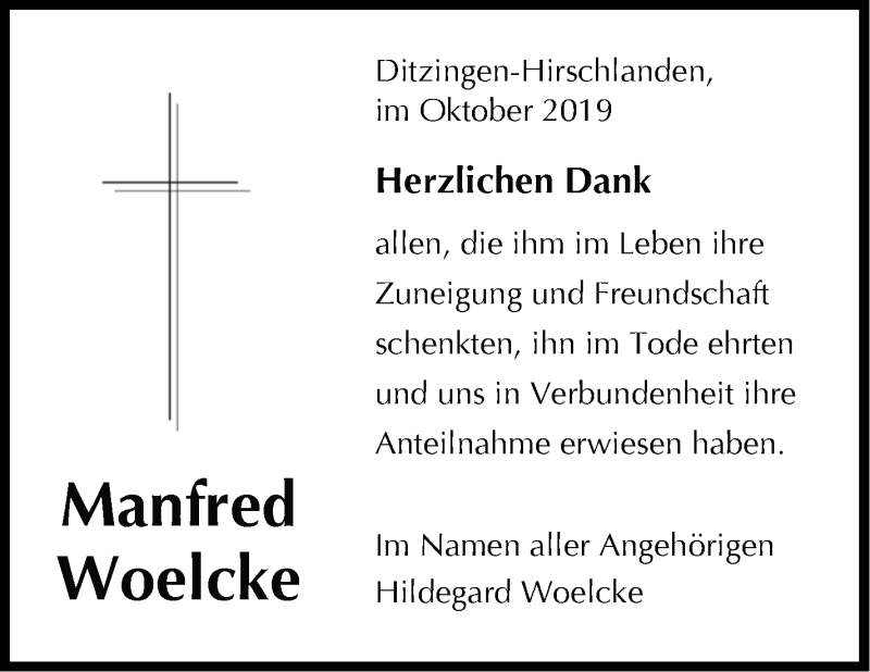  Traueranzeige für Manfred Woelcke vom 31.10.2019 aus Leonberger Kreiszeitung / Strohgäu Extra