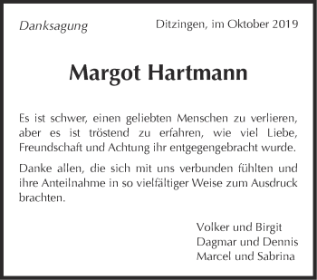 Traueranzeige von Margot Hartmann von Leonberger Kreiszeitung / Strohgäu Extra