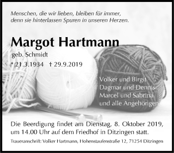Traueranzeige von Margot Hartmann von Leonberger Kreiszeitung / Strohgäu Extra