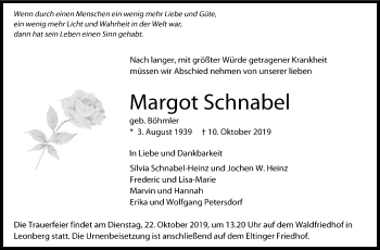 Traueranzeige von Margot Schnabel von Leonberger Kreiszeitung / Strohgäu Extra