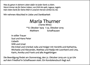 Traueranzeige von Maria Thurner von Leonberger Kreiszeitung / Strohgäu Extra