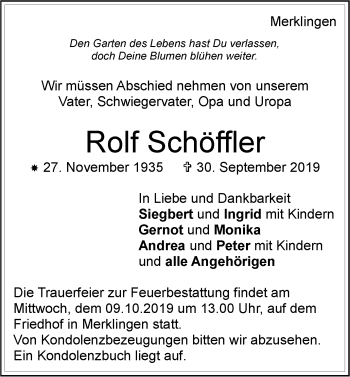 Traueranzeige von Rolf Schöffler von Leonberger Kreiszeitung / Strohgäu Extra