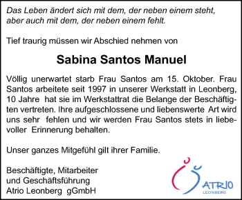 Traueranzeige von Sabina Santos Manuel von Leonberger Kreiszeitung / Strohgäu Extra