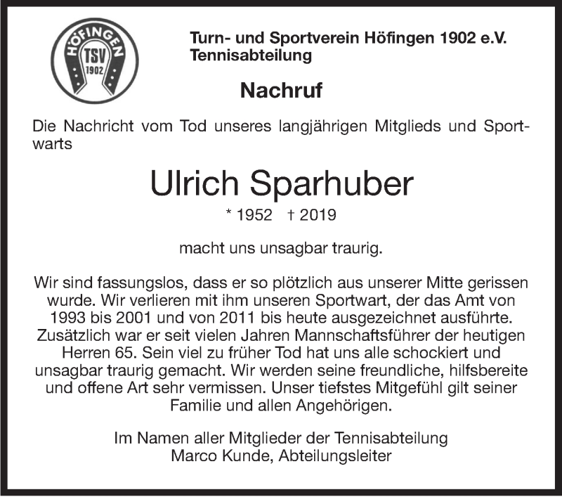  Traueranzeige für Ulrich Sparhuber vom 15.10.2019 aus Leonberger Kreiszeitung / Strohgäu Extra