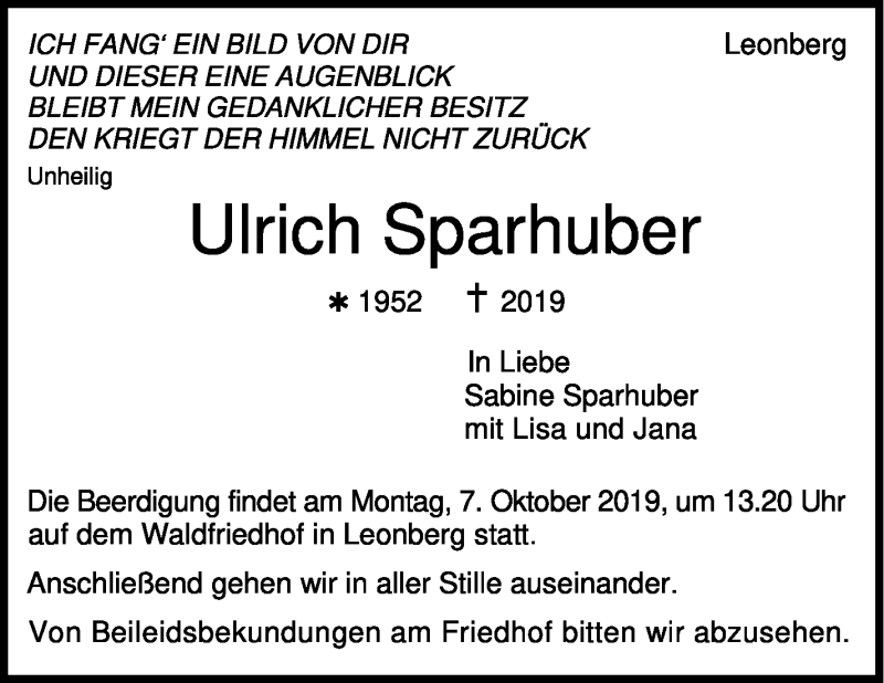 Traueranzeige für Ulrich Sparhuber vom 02.10.2019 aus Leonberger Kreiszeitung / Strohgäu Extra