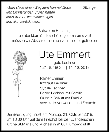 Traueranzeige von Ute Emmert von Leonberger Kreiszeitung / Strohgäu Extra