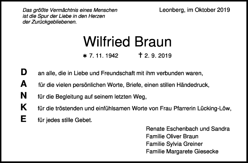  Traueranzeige für Wilfried Braun vom 09.10.2019 aus Leonberger Kreiszeitung / Strohgäu Extra