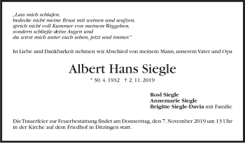 Traueranzeige von Albert Hans Siegle von Leonberger Kreiszeitung / Strohgäu Extra