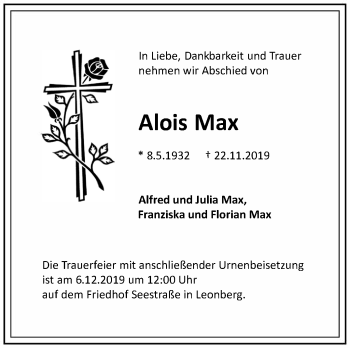 Traueranzeige von Alois Max von Leonberger Kreiszeitung / Strohgäu Extra