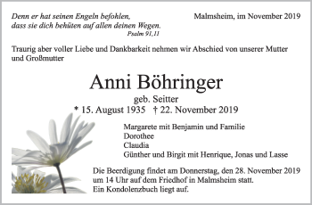 Traueranzeige von Anni Böhringer von Leonberger Kreiszeitung / Strohgäu Extra
