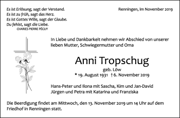 Traueranzeige von Anni Tropschug von Leonberger Kreiszeitung / Strohgäu Extra