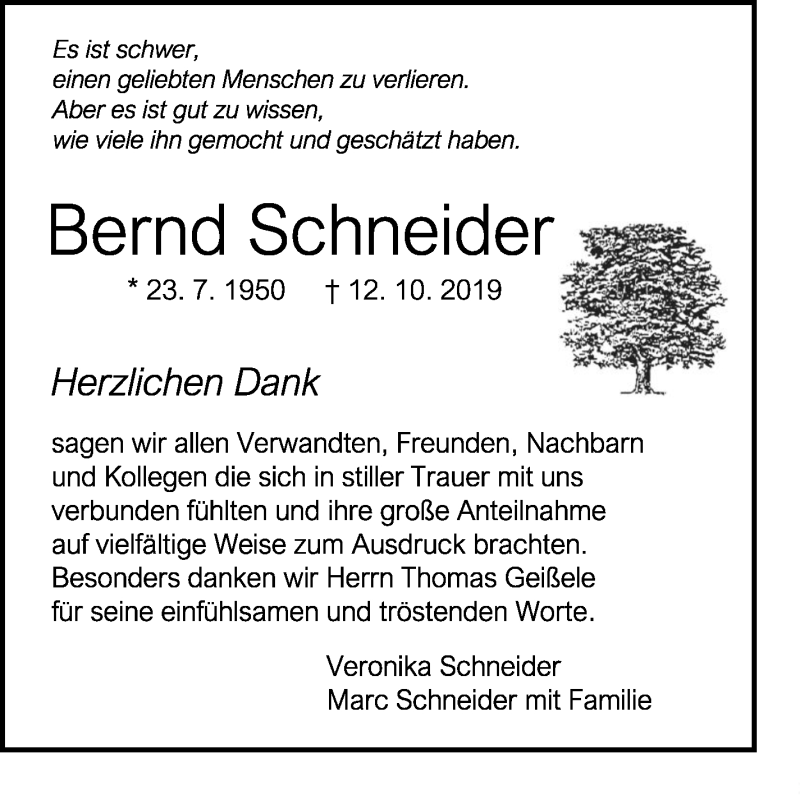  Traueranzeige für Bernd Schneider vom 09.11.2019 aus Leonberger Kreiszeitung / Strohgäu Extra