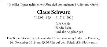 Traueranzeige von Claus Schwarz von Leonberger Kreiszeitung / Strohgäu Extra