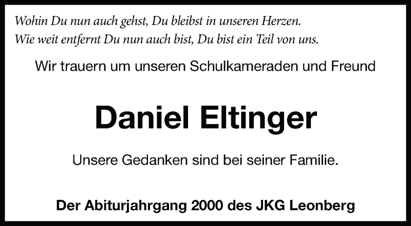  Traueranzeige für Daniel Eltinger vom 16.11.2019 aus Leonberger Kreiszeitung / Strohgäu Extra