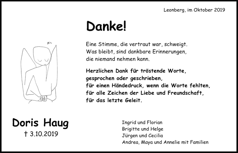  Traueranzeige für Doris Haug vom 02.11.2019 aus Leonberger Kreiszeitung / Strohgäu Extra
