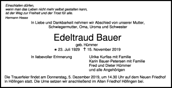 Traueranzeige von Edeltraud Bauer von Leonberger Kreiszeitung / Strohgäu Extra