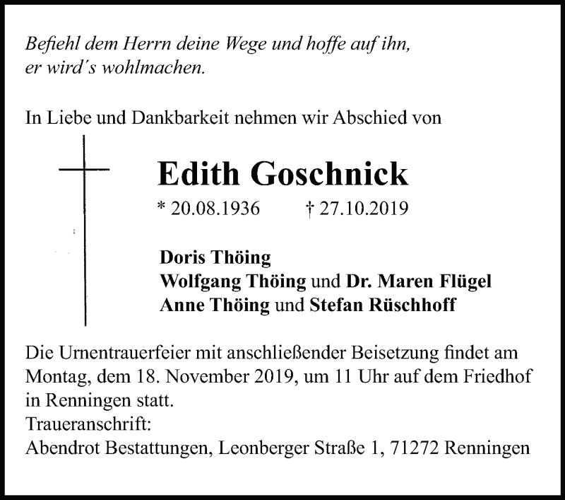  Traueranzeige für Edith Goschnick vom 09.11.2019 aus Leonberger Kreiszeitung / Strohgäu Extra