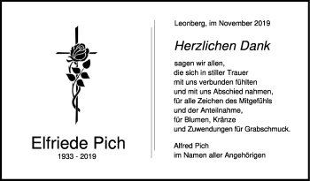 Traueranzeige von Elfriede Pich von Leonberger Kreiszeitung / Strohgäu Extra