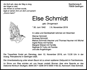 Traueranzeige von Else Schmidt von Leonberger Kreiszeitung / Strohgäu Extra