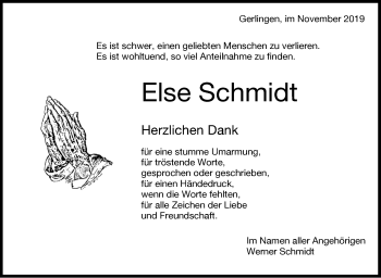 Traueranzeige von Else Schmidt von Leonberger Kreiszeitung / Strohgäu Extra