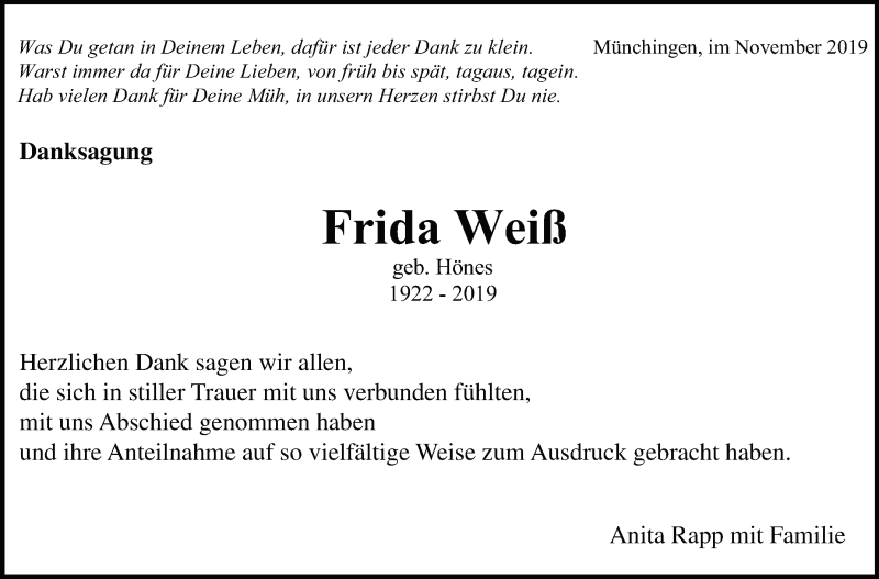  Traueranzeige für Frida Weiß vom 28.11.2019 aus Leonberger Kreiszeitung / Strohgäu Extra