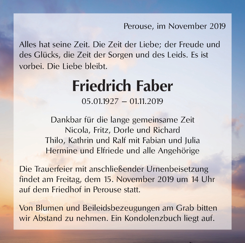  Traueranzeige für Friedrich Faber vom 12.11.2019 aus Leonberger Kreiszeitung / Strohgäu Extra