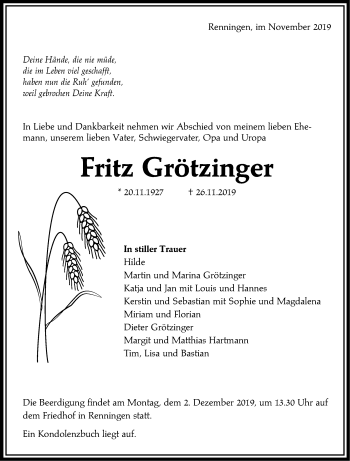 Traueranzeige von Fritz Grötzinger von Leonberger Kreiszeitung / Strohgäu Extra