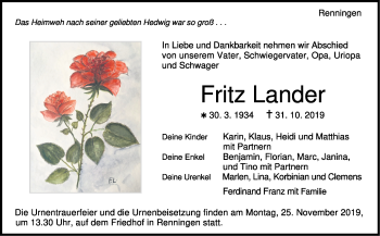 Traueranzeige von Fritz Lander von Leonberger Kreiszeitung / Strohgäu Extra