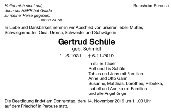 Traueranzeige von Gertrud Schüle von Leonberger Kreiszeitung / Strohgäu Extra