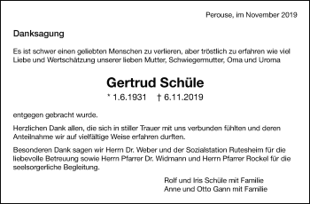 Traueranzeige von Gertrud Schüle von Leonberger Kreiszeitung / Strohgäu Extra