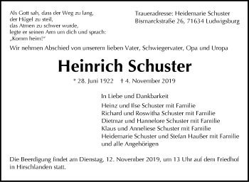 Traueranzeige von Heinrich Schuster von Leonberger Kreiszeitung / Strohgäu Extra