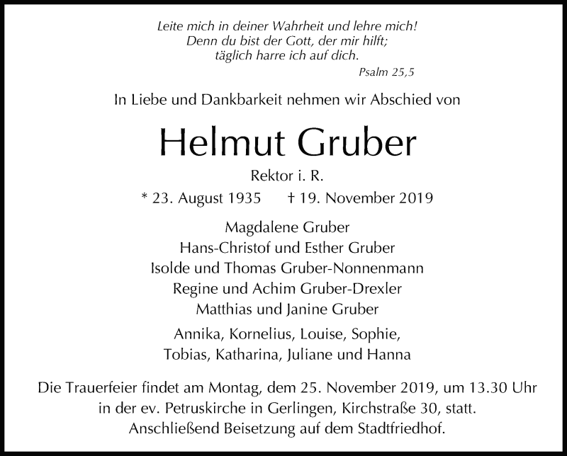  Traueranzeige für Helmut Gruber vom 22.11.2019 aus Leonberger Kreiszeitung / Strohgäu Extra