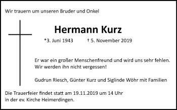 Traueranzeige von Hermann Kurz von Leonberger Kreiszeitung / Strohgäu Extra