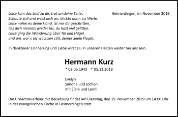 Traueranzeige von Hermann Kurz von Leonberger Kreiszeitung / Strohgäu Extra