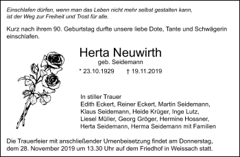 Traueranzeige von Herta Neuwirth von Leonberger Kreiszeitung / Strohgäu Extra