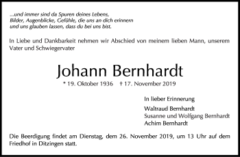 Traueranzeige von Johann Bernhardt von Leonberger Kreiszeitung / Strohgäu Extra
