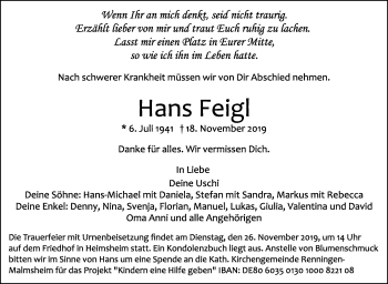 Traueranzeige von Johann Feigl von Leonberger Kreiszeitung / Strohgäu Extra