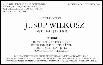 Traueranzeige von Jusup Wilkosz von Leonberger Kreiszeitung / Strohgäu Extra
