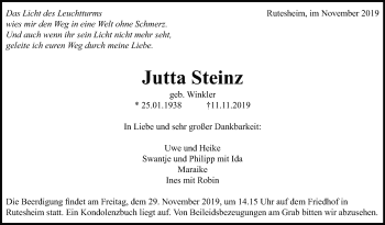 Traueranzeige von Jutta Steinz von Leonberger Kreiszeitung / Strohgäu Extra